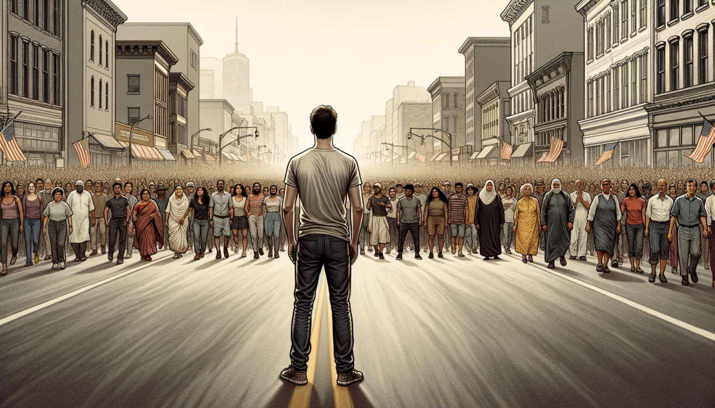 An editorial style detailed cartoon of a man standing on an empty street, in the distance a large crowd of people approach him. Iconic.