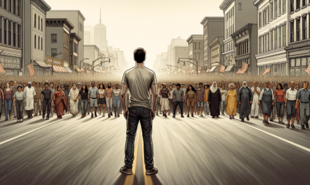 An editorial style detailed cartoon of a man standing on an empty street, in the distance a large crowd of people approach him. Iconic.