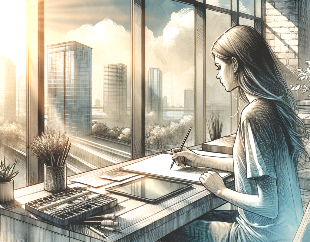 Draw a detailed pen and ink picture of a young woman working from home near the window of her modern apartment. Beautiful sunny city view outside. Apply watercolor wash for some tasteful atmosphere.