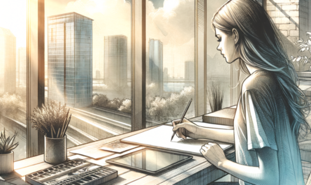 Draw a detailed pen and ink picture of a young woman working from home near the window of her modern apartment. Beautiful sunny city view outside. Apply watercolor wash for some tasteful atmosphere.